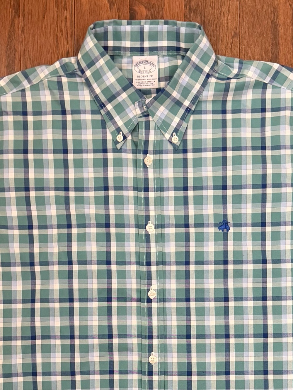 Brooks Brothers Regent Fit Green Blue Plaid Short-Sleeve Button-Down Shirt Large